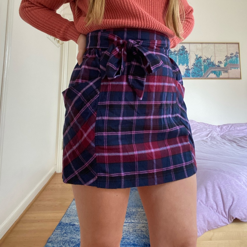 UO Cameron Flannel Tie Front Mini Skirt